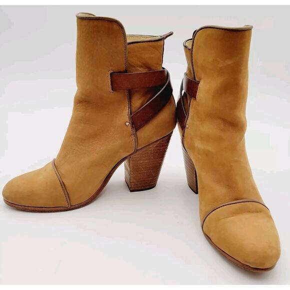 Rag & Bone Carmel Brown Leather KINSEY Buckle Heel Bootie EUR 38 US 8 - Picture 1 of 14